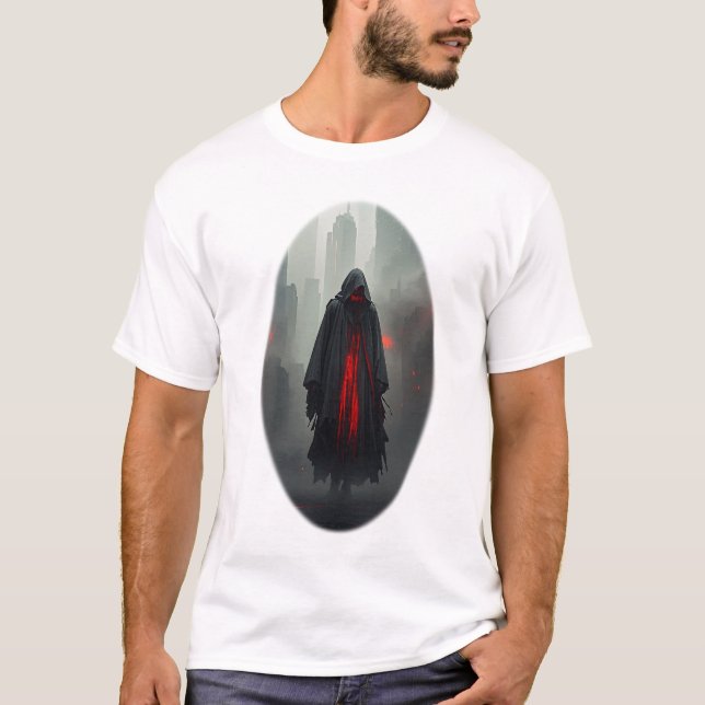 Dark Hooded Figure in Neon City T-Shirt (Front)