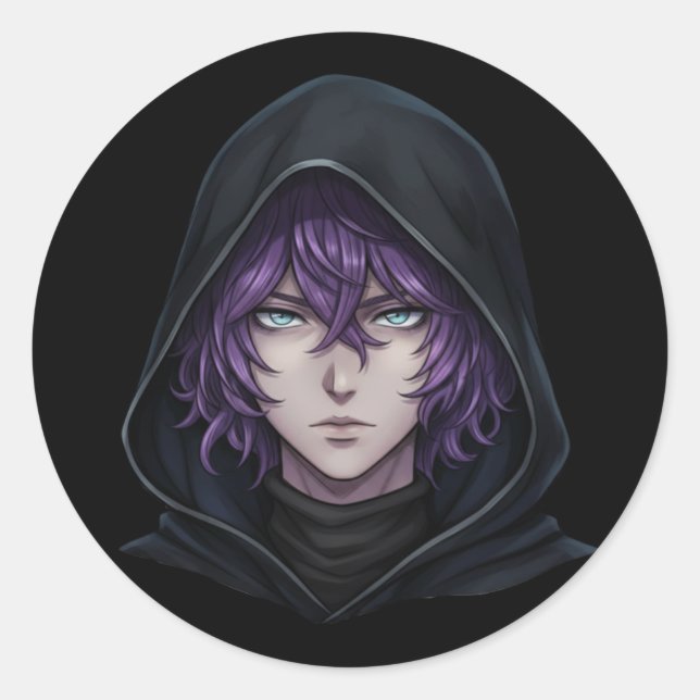 Dark Hoodie Anime Boy with Purple Hair Classic Round Sticker (Front)