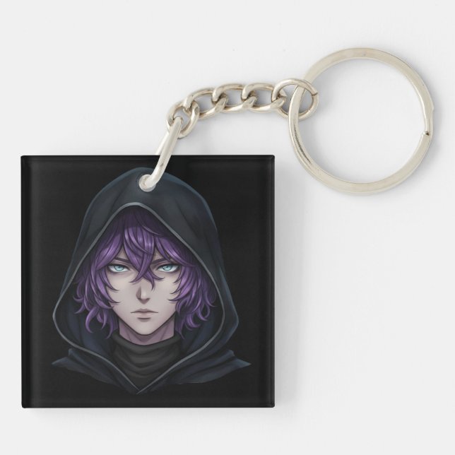 Dark Hoodie Anime Boy with Purple Hair Key Ring (Back)