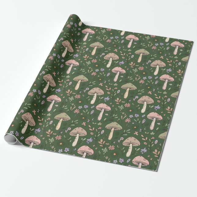 Dark Hunter Green Moody Fungi Seamless Pattern Wrapping Paper (Unrolled)
