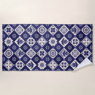 Dark Indigo Beige Mexican Floral Birds Talavera Beach Towel