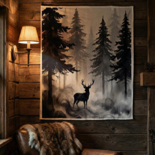 Dark Ink Deer Forest Tapestry   Moody Woodland Art
