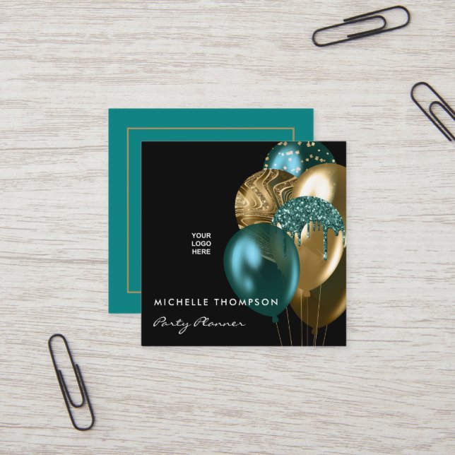  Dark Iridescent Balloons Event Coordinator Square Business Card (Front/Back In Situ)