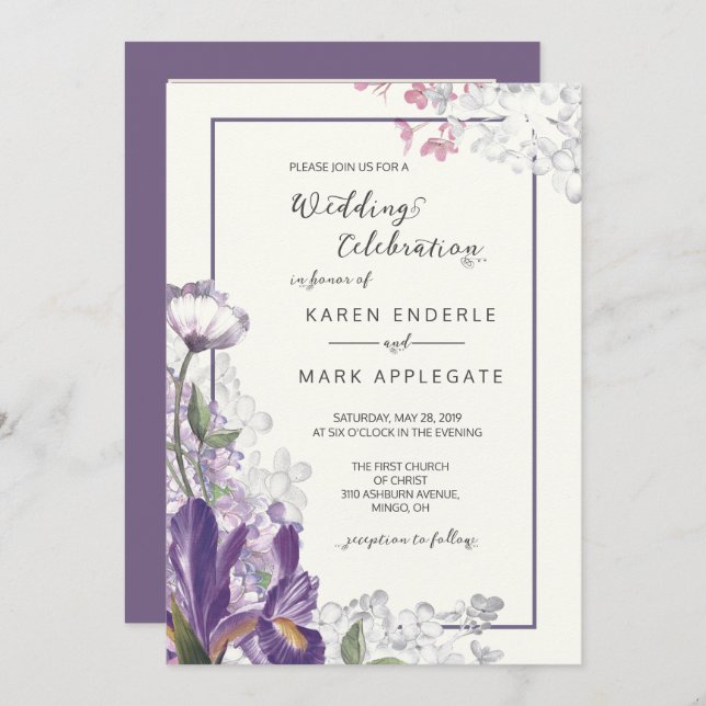 Dark Iris Floral Spring Ivory Wedding Invitation (Front/Back)