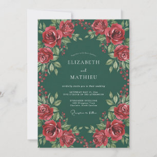 Dark Jade Crimson Petal Wedding Invitation