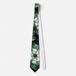 Dark Jade Green and White Fractal Flower Abstract Tie