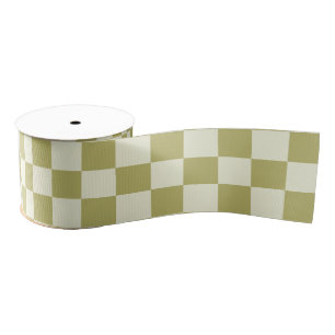 Dark Khaki and Beige Chequerboard Grosgrain Ribbon