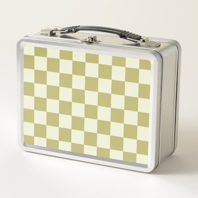 Dark Khaki and Beige Chequerboard Metal Lunch Box (Front)