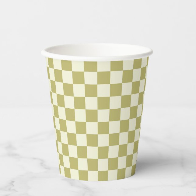 Dark Khaki and Beige Chequerboard Paper Cups (Front)