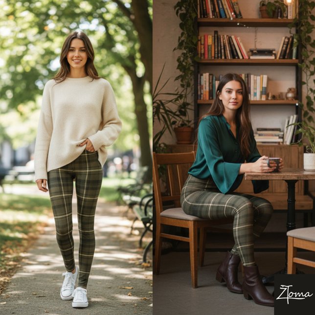 Dark Khaki Square Plaid Tartan Fabric Leggings (Creator Uploaded)