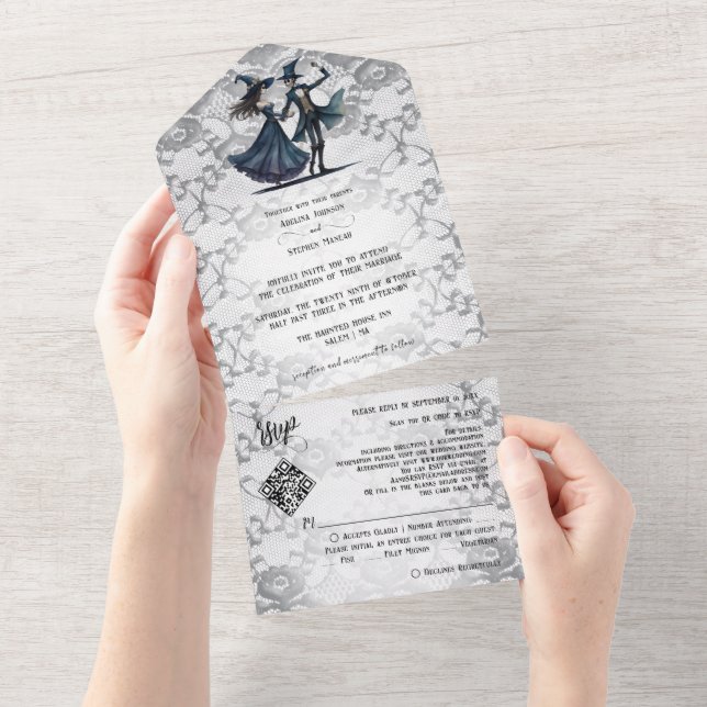 Dark Lace Monogram Skeleton Gothic QR Code Wedding All In One Invitation (Tearaway)