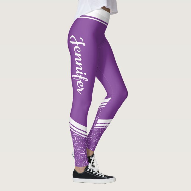 Dark lavender floral white stripes and name modern leggings (Right)