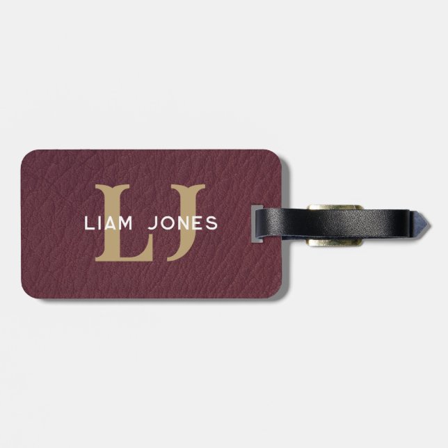 Dark Leather Initials Monogrammed Modern Vintage Luggage Tag (Back Horizontal)