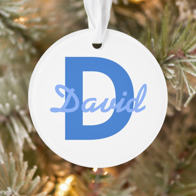 Dark & Light Blue White Editable Name Monogram Ornament (Tree)