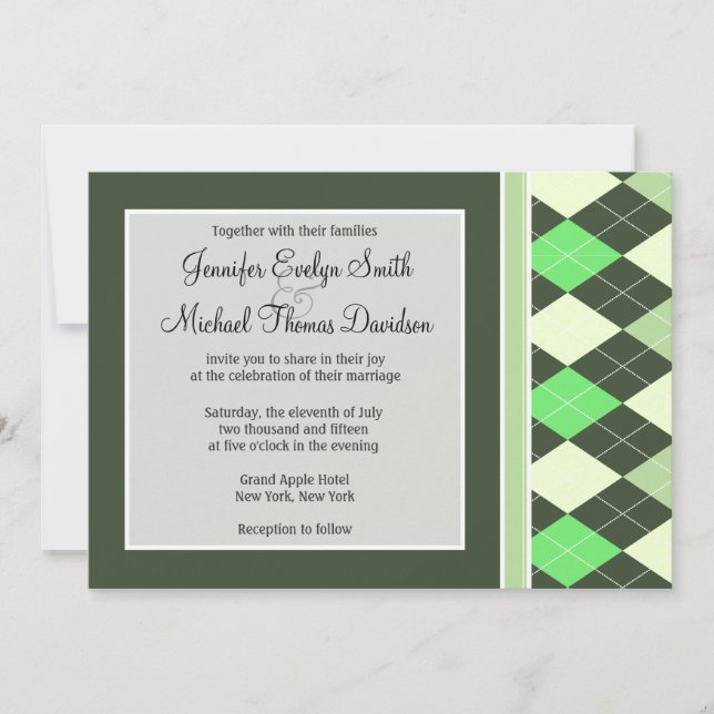 Dark & Light Green Argyle Pattern Invitation (Front)