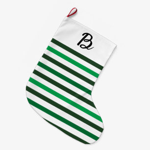Dark Light Green Stripes Monogram Christmas Large Christmas Stocking