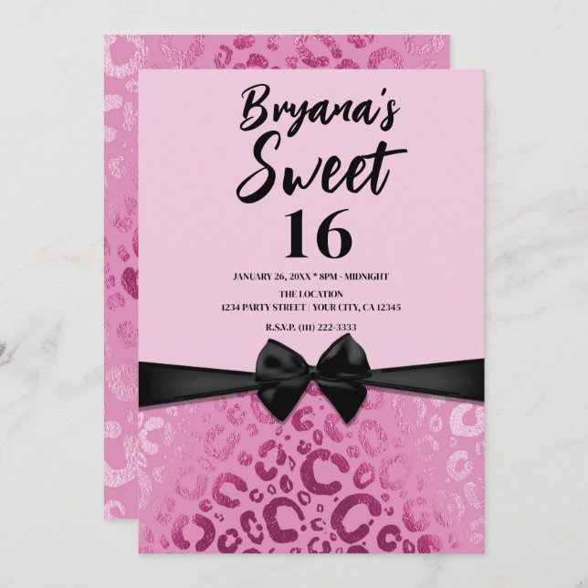 Dark & Light Pink Glam Leopard Print Sweet 16 Invitation (Front/Back)
