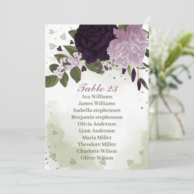 Dark light purple flowers green seating chart card (Standing Front)