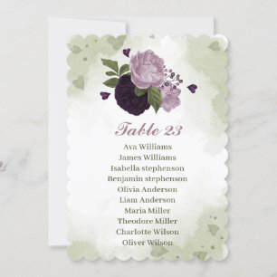 Dark light purple flowers green seating chart card