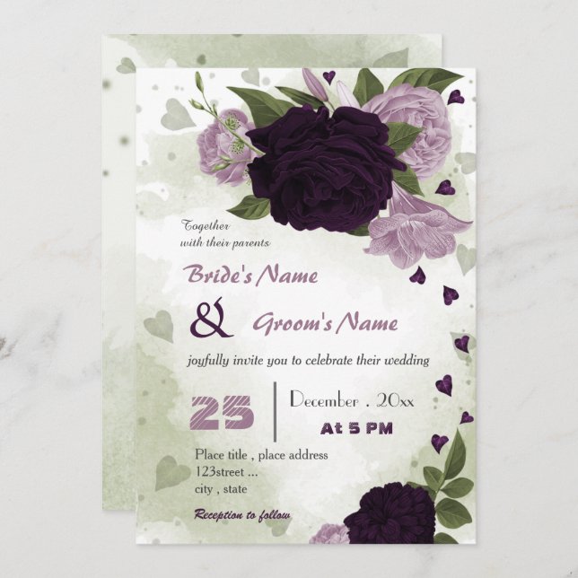 dark & light purple flowers greenery wedding invitation (Front/Back)