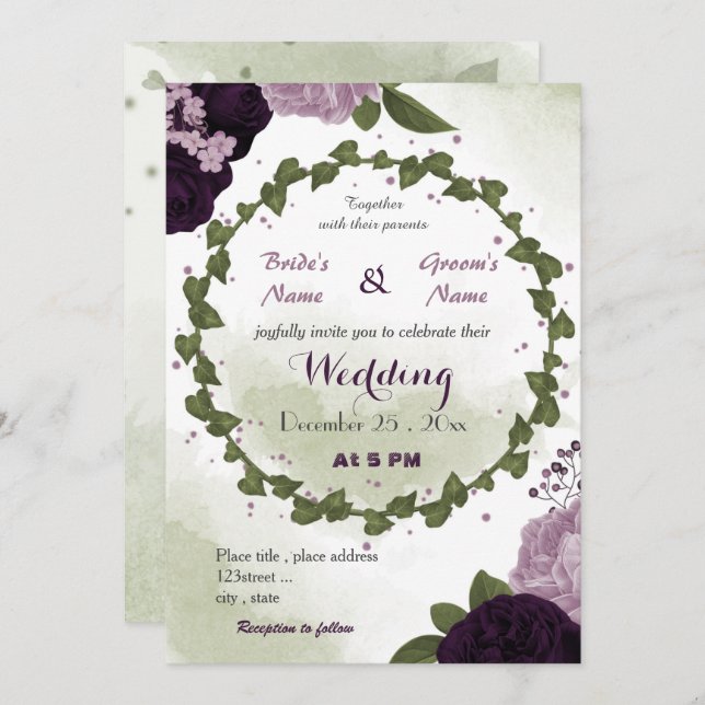 dark & light purple flowers greenery wedding invitation (Front/Back)
