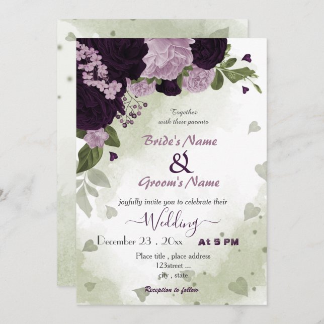 dark & light purple flowers greenery wedding invitation (Front/Back)