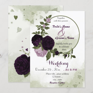 dark light purple flowers greenery wreath wedding invitation