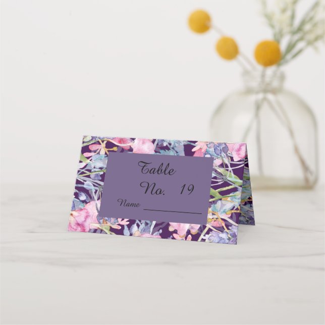 dark lilac watercolor wildflower greenery foliage  place card (Front)