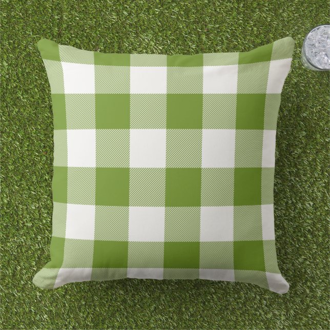 Dark Lime and White Gingham Check Buffalo Plaid Cushion (Grass)