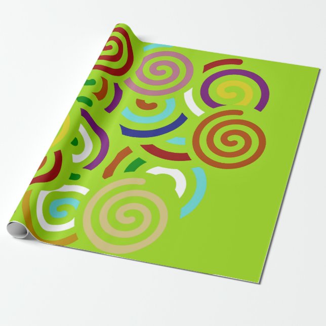 DARK LIME GREEN SPIRAL PATTERNS WRAPPING PAPER (Unrolled)