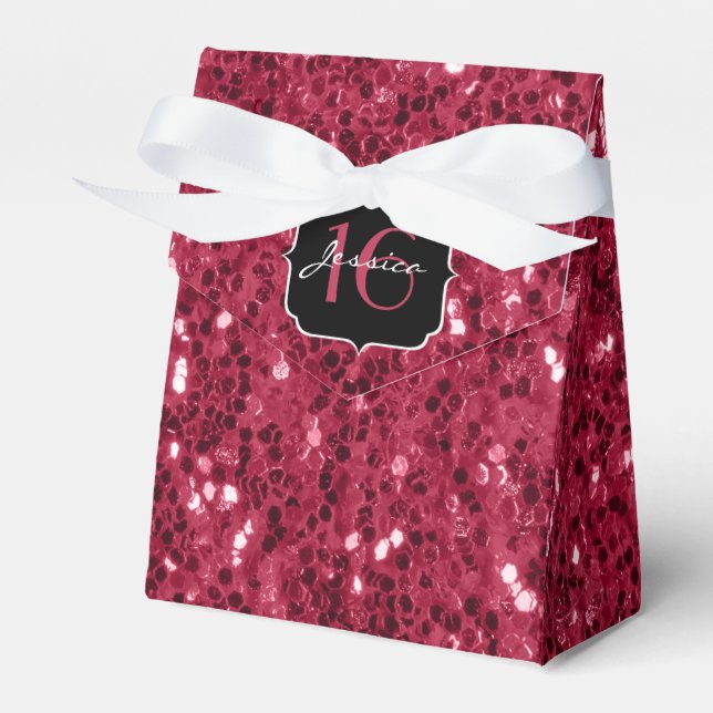 Dark magenta pink faux glitter sparkles Sweet 16 Favour Box (Front Side)