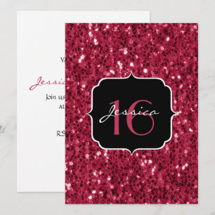 Dark magenta pink faux glitter sparkles Sweet 16 Invitation
