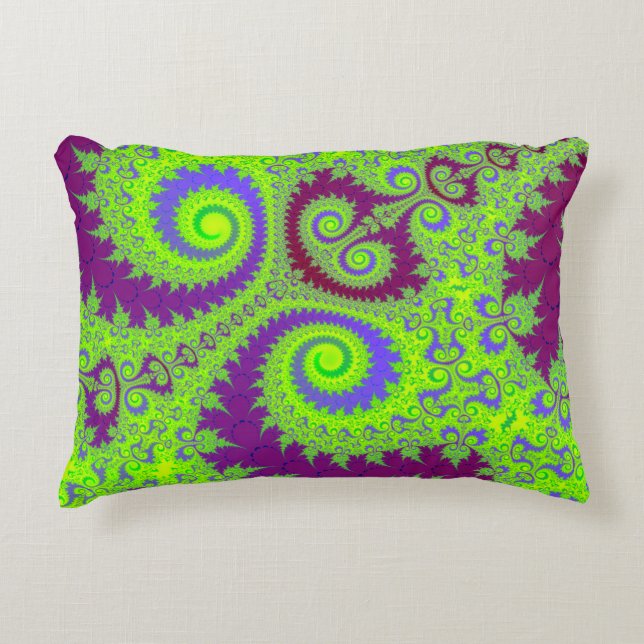 Dark Magenta Purple and Lime Green Fractal Spiral Decorative Cushion (Front)