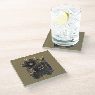 Dark Magical Floral Bouquet in Golden Frame Glass Coaster