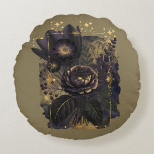 Dark Magical Floral Bouquet in Golden Frame Round Cushion