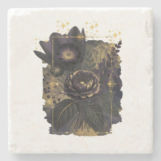 Dark Magical Floral Bouquet in Golden Frame Stone Coaster