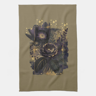 Dark Magical Floral Bouquet in Golden Frame Tea Towel