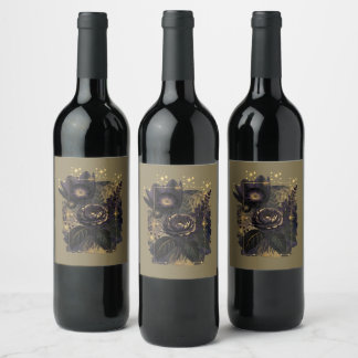 Dark Magical Floral Bouquet in Golden Frame Wine Label