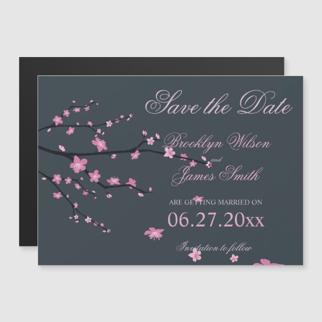 Dark Magnetic Cherry Blossom Wedding Save The Date Magnetic Invitation (Front/Back)