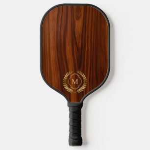 Dark mahogany wood gold badge monogram pickleball paddle