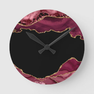 Dark Marble Agate Wine Red Golden Glitter Accents Round Clock