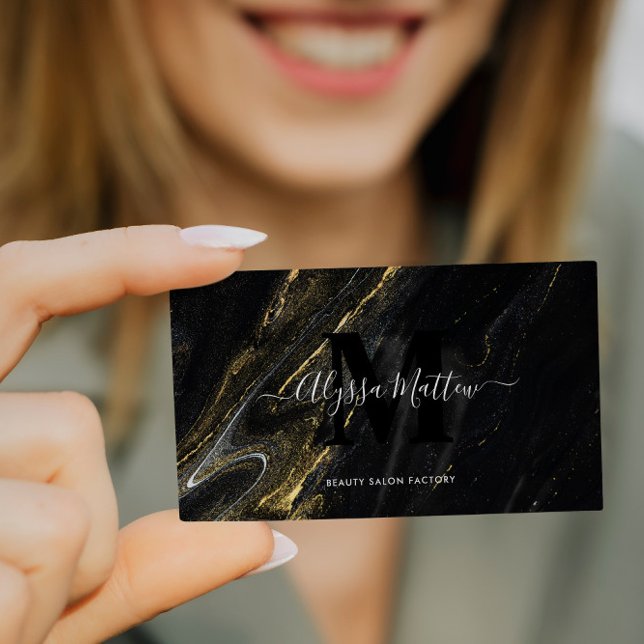 Dark Marble Gold Glitter Elegant Modern Monogram Business Card (Creator Uploaded)