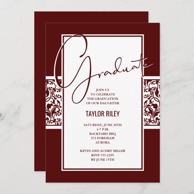 Dark Maroon and White Damask Graduation Invitation (Front/Back)