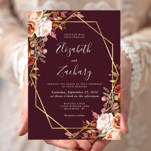 Dark Maroon Autumn Floral Gold Frame Fall Wedding Invitation