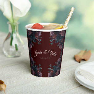 Dark Maroon Autumn Floral Wedding Paper Cups