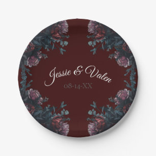 Dark Maroon Autumn Floral Wedding Paper Plate