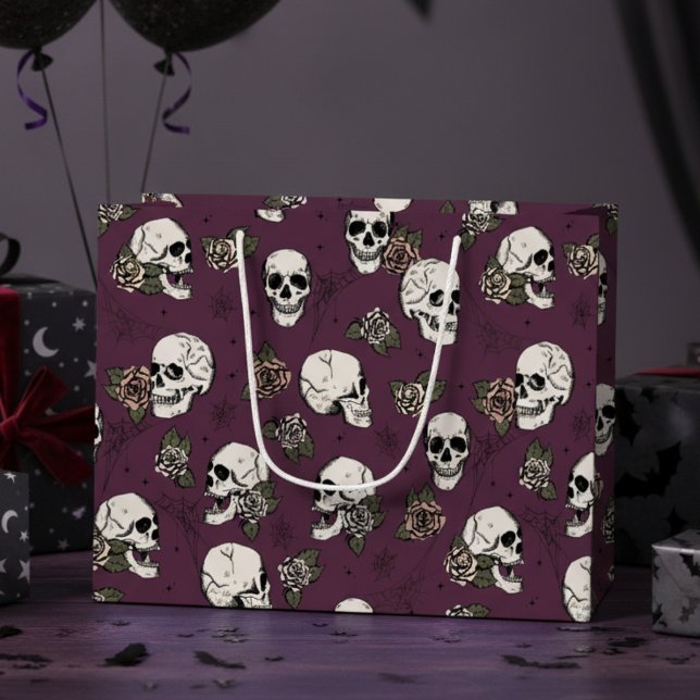 Dark Maroon Gothic Skulls and Roses Halloween Large Gift Bag (Maroon Gothic Floral Skull Gift Bags. Vintage Hand Drawn Skulls Roses in Black. Halloween, Birthday)