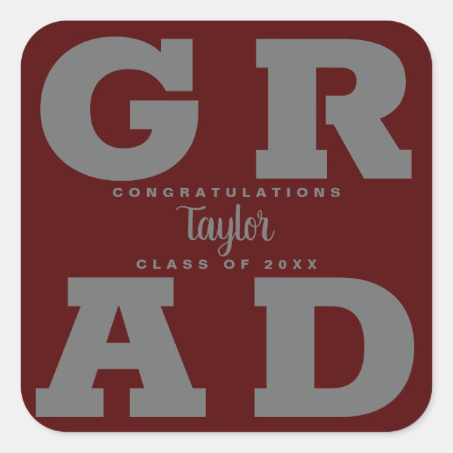 Dark Maroon Grey Bold Graduation Party Square Sticker (Front)