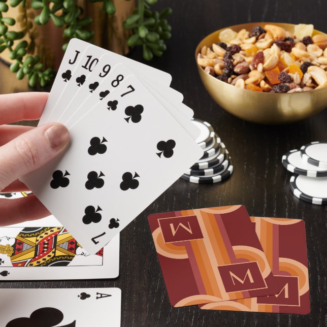 Dark Maroon Red Bright Orange Circles Art Pattern Playing Cards (In Situ)