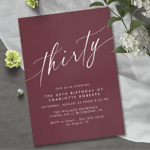 Dark Maroon Red   Modern Burgundy 30th Birthday Invitation